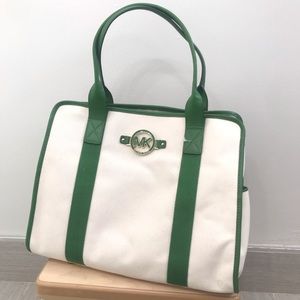 MK Michael Kors Large Fulton Canvas and Green Leather Trim Tote Carryall Bag